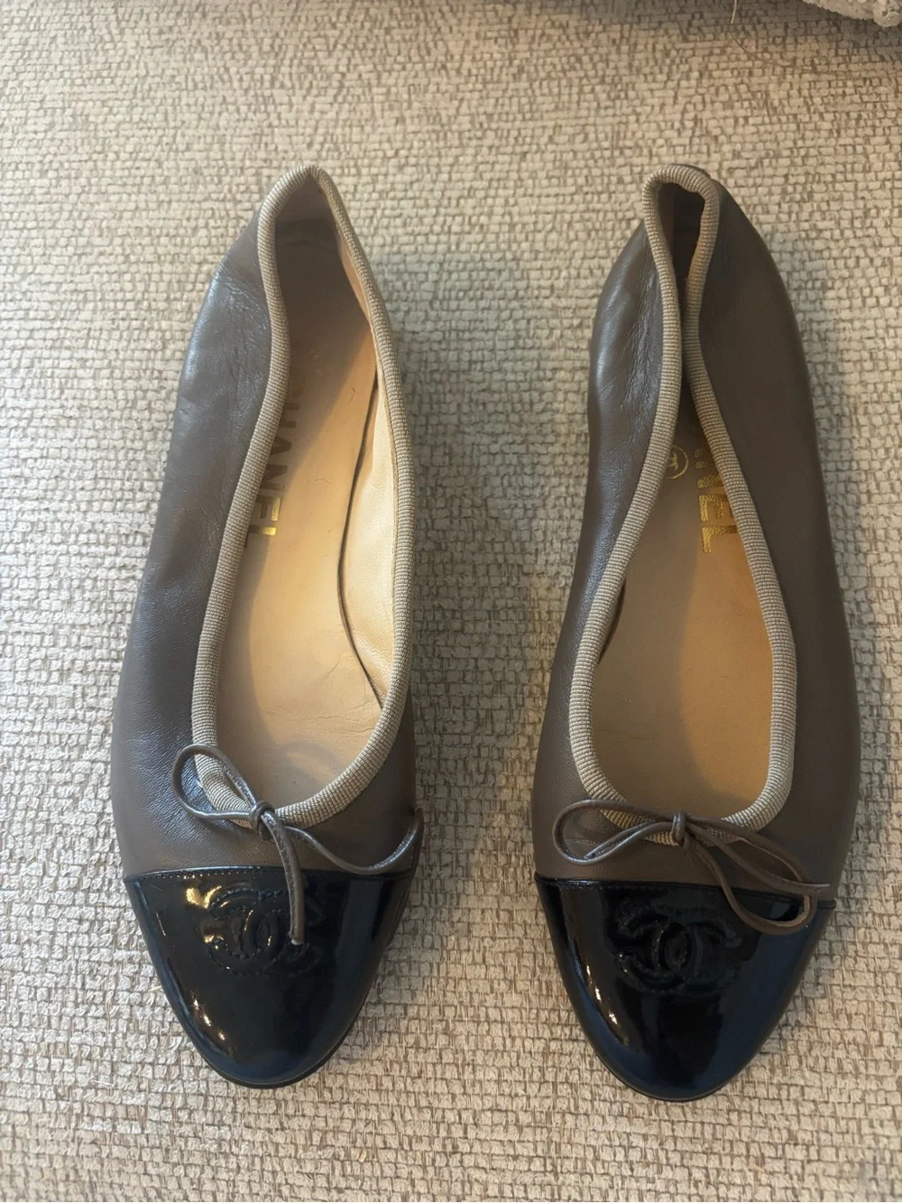 CHANEL Taupe Leather Ballet Flats with Black Patent Cap Toe